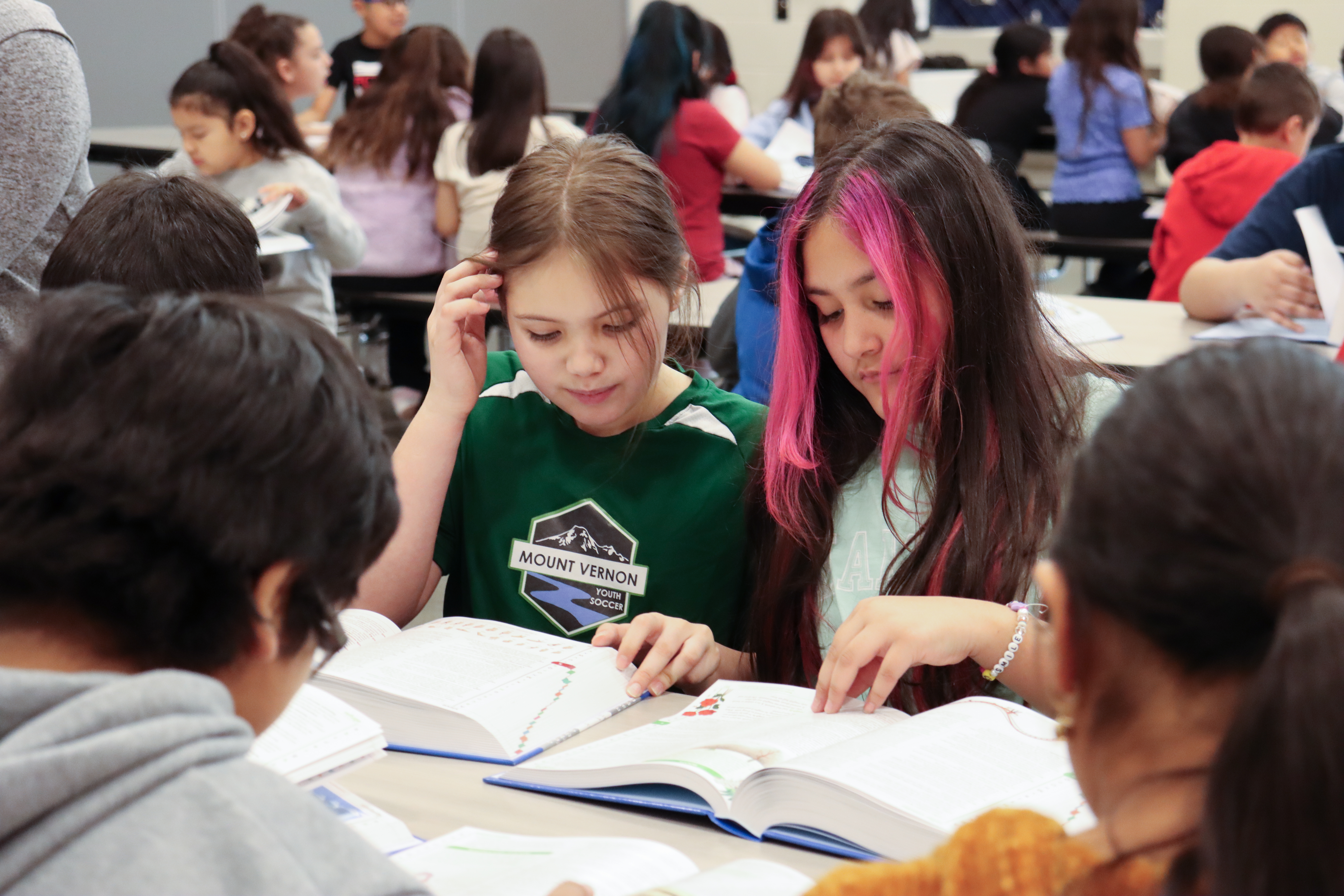 students reading a dictionary