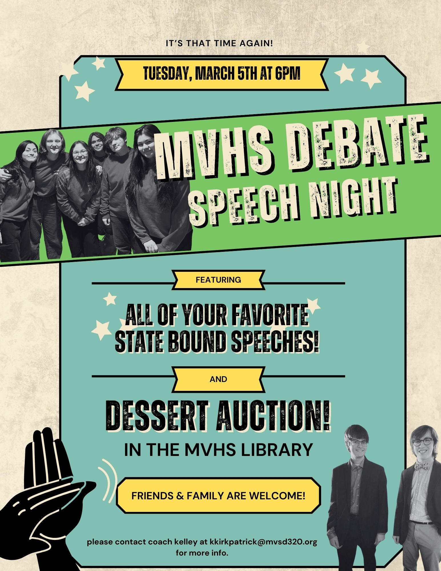 Debate flier about upcoming MVSD Debate Speech Night