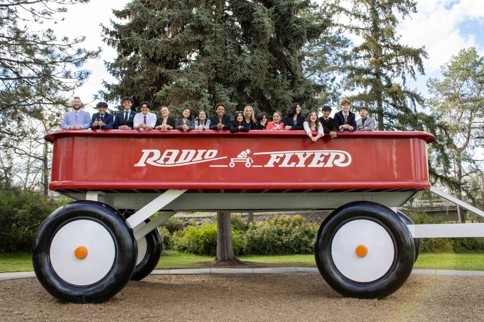 Students in a large wagon