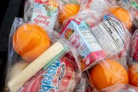 Pile of mandarin oranges, cheese sticks and uncrustable sandwiches all mixed together..